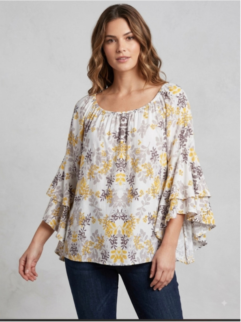 Women's Fever Floral Blouse Size M White Yellow Bell Sleeve
